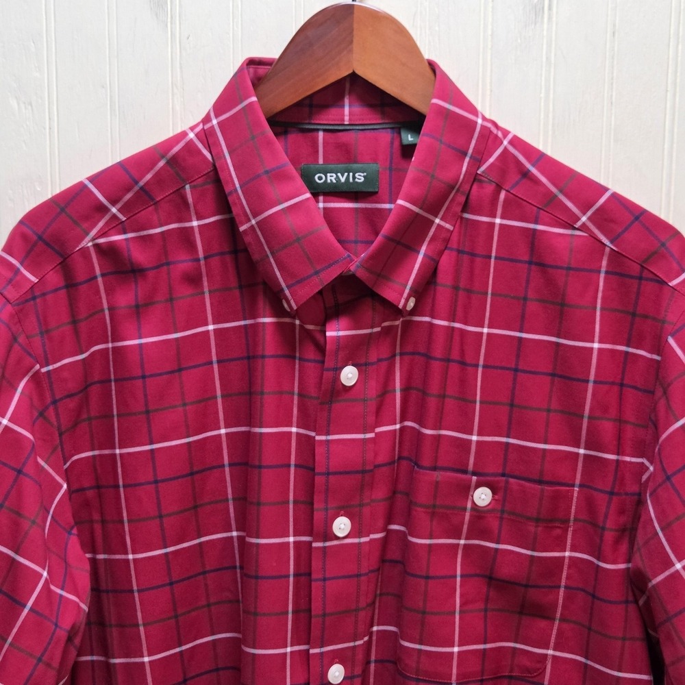 Orvis Shirt Mens Large Red Plaid Long Sleeve Stretch Twill Button-Up Casual